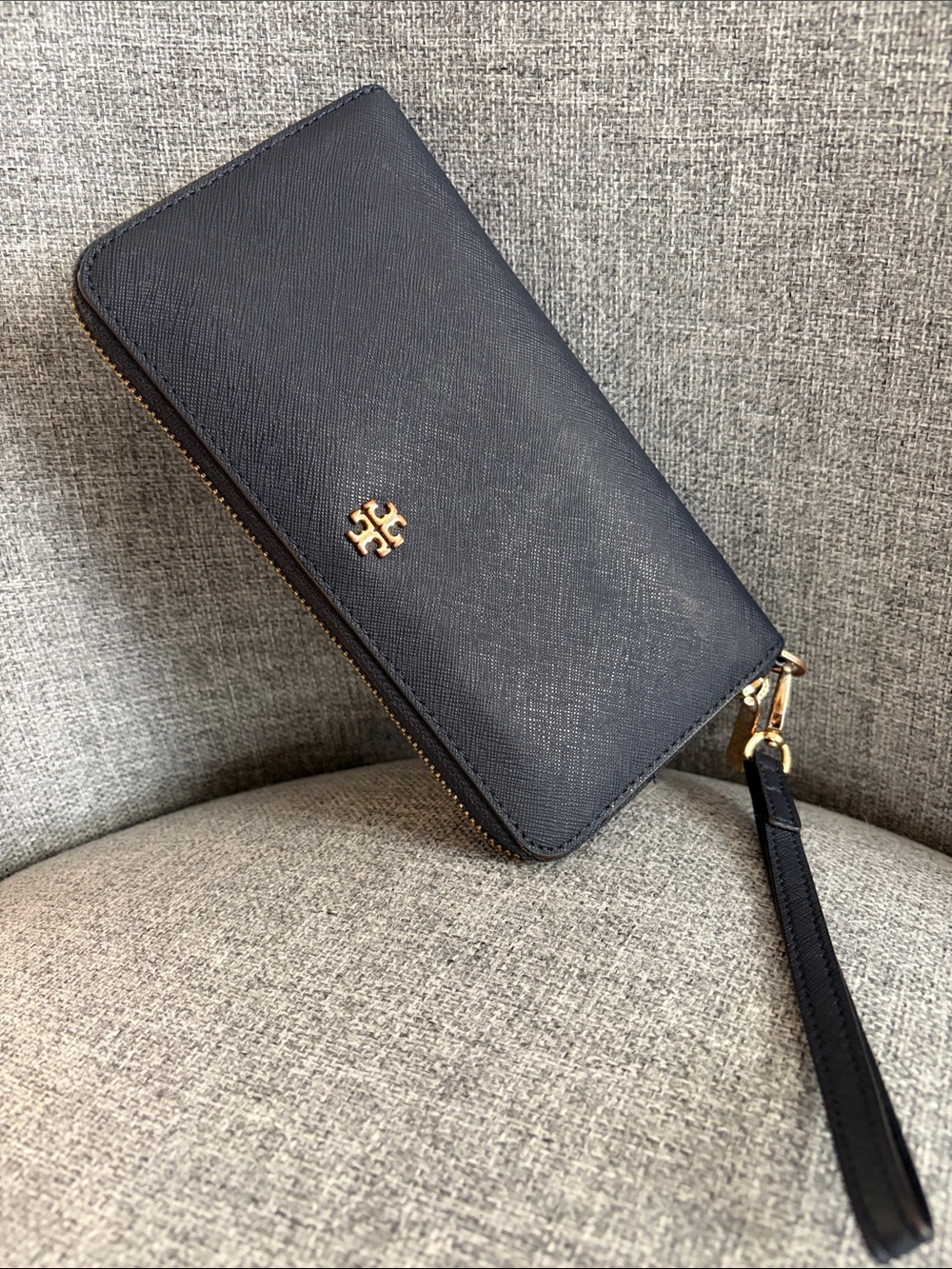 Tory Burch Navy Leather Wristlet with Gold Logo